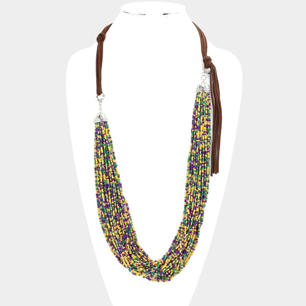 MARDI GRAS BEADED Vegan Leather Strap Statement Necklace New Orleans